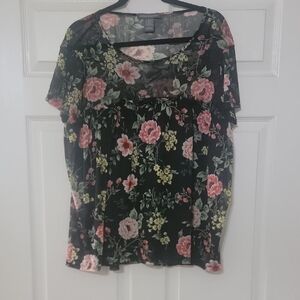 Kate & Mallory Black Floral Scoop Neck Blouse with Pink & Yellow Blooms
